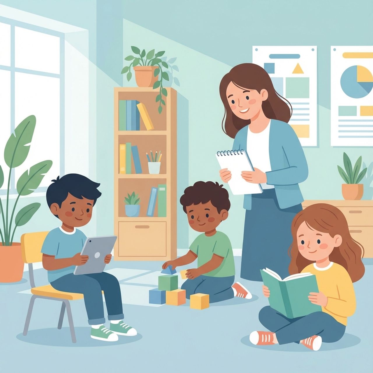 Illustration einer freundlichen Klassenzimmerszene zur Früherkennung