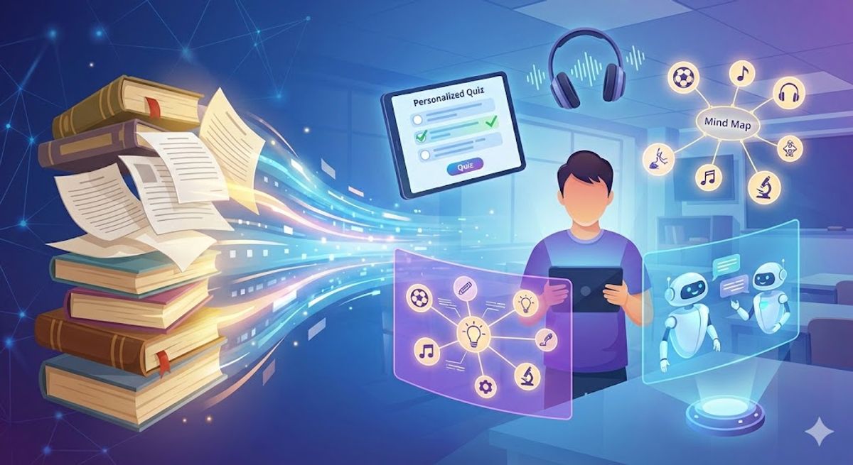 Illustration: Personalisiertes KI-Lernen mit Büchern und digitalen Elementen