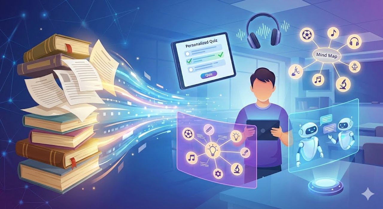 Illustration: Personalisiertes KI-Lernen mit Büchern und digitalen Elementen