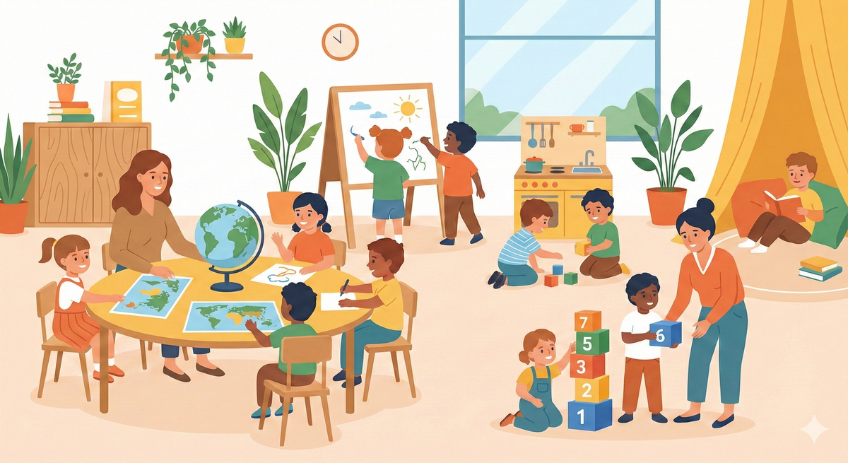 Illustration einer Kita-Szene mit Kindern beim gemeinsamen Lernen und Spielen