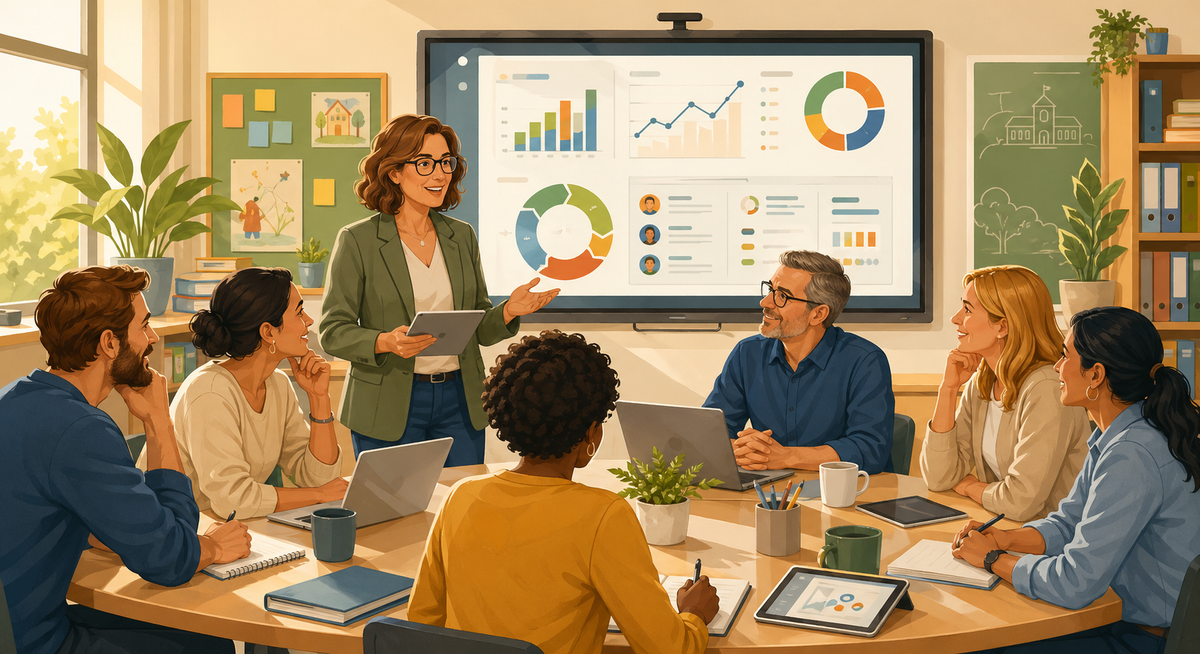 Illustration einer Schulleitung, die datenbasierte Schulentwicklung gemeinsam mit einem Team gestaltet