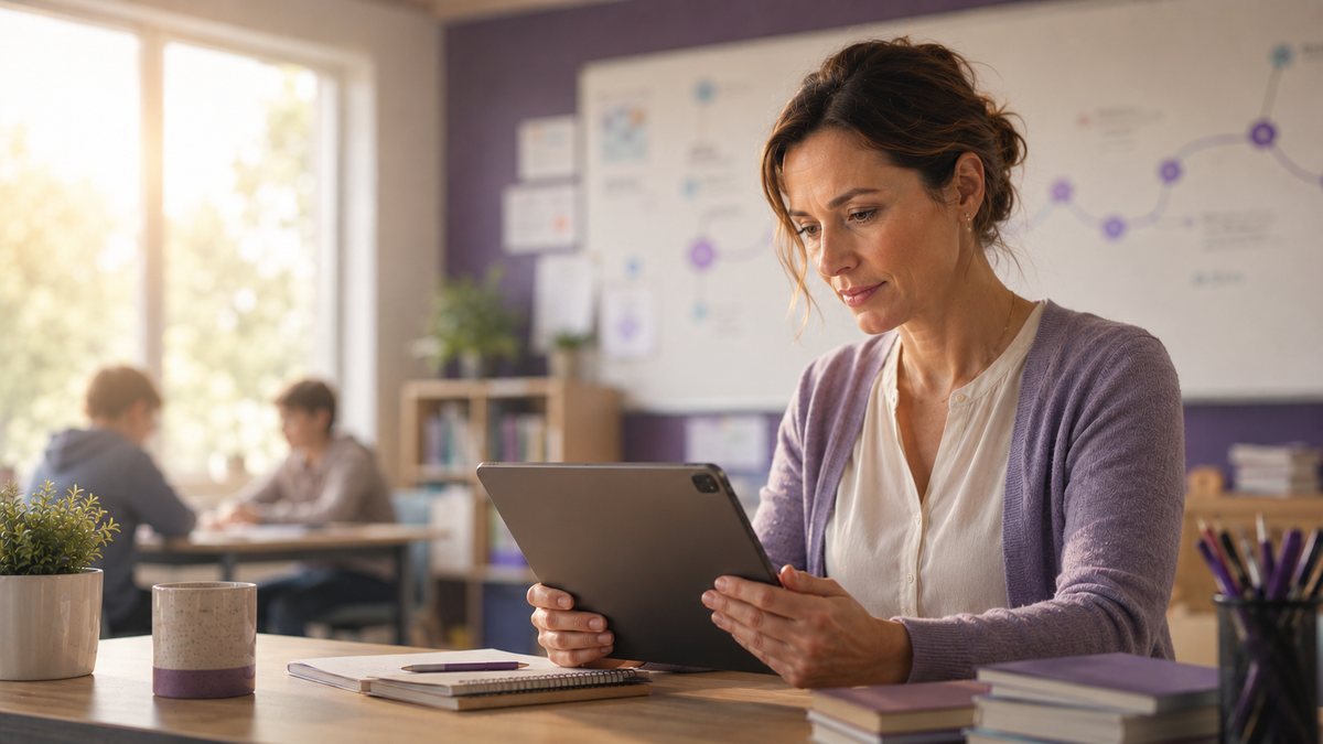 Lehrerin betrachtet auf einem Tablet eine Schülerbeobachtung - pädagogische Verantwortung im Mittelpunkt.