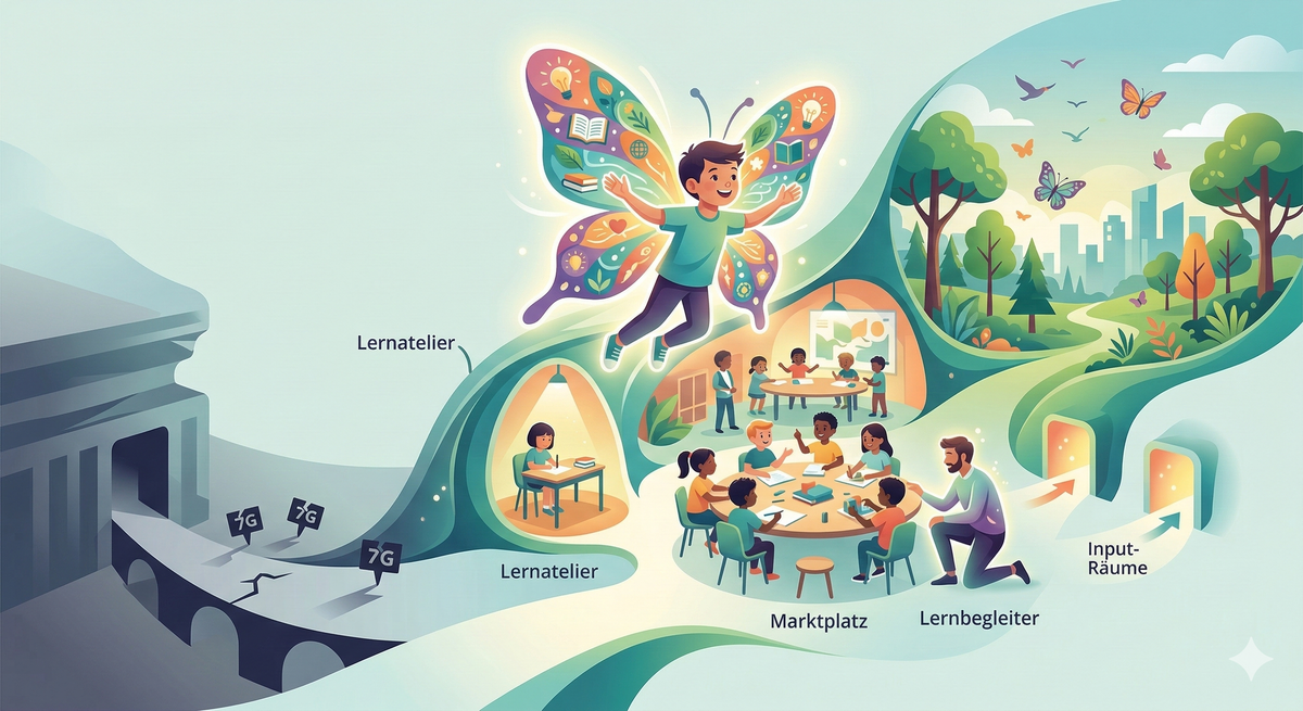 Schmetterlingspädagogik – Kind mit Schmetterlingsflügeln in einer modernen Lernumgebung