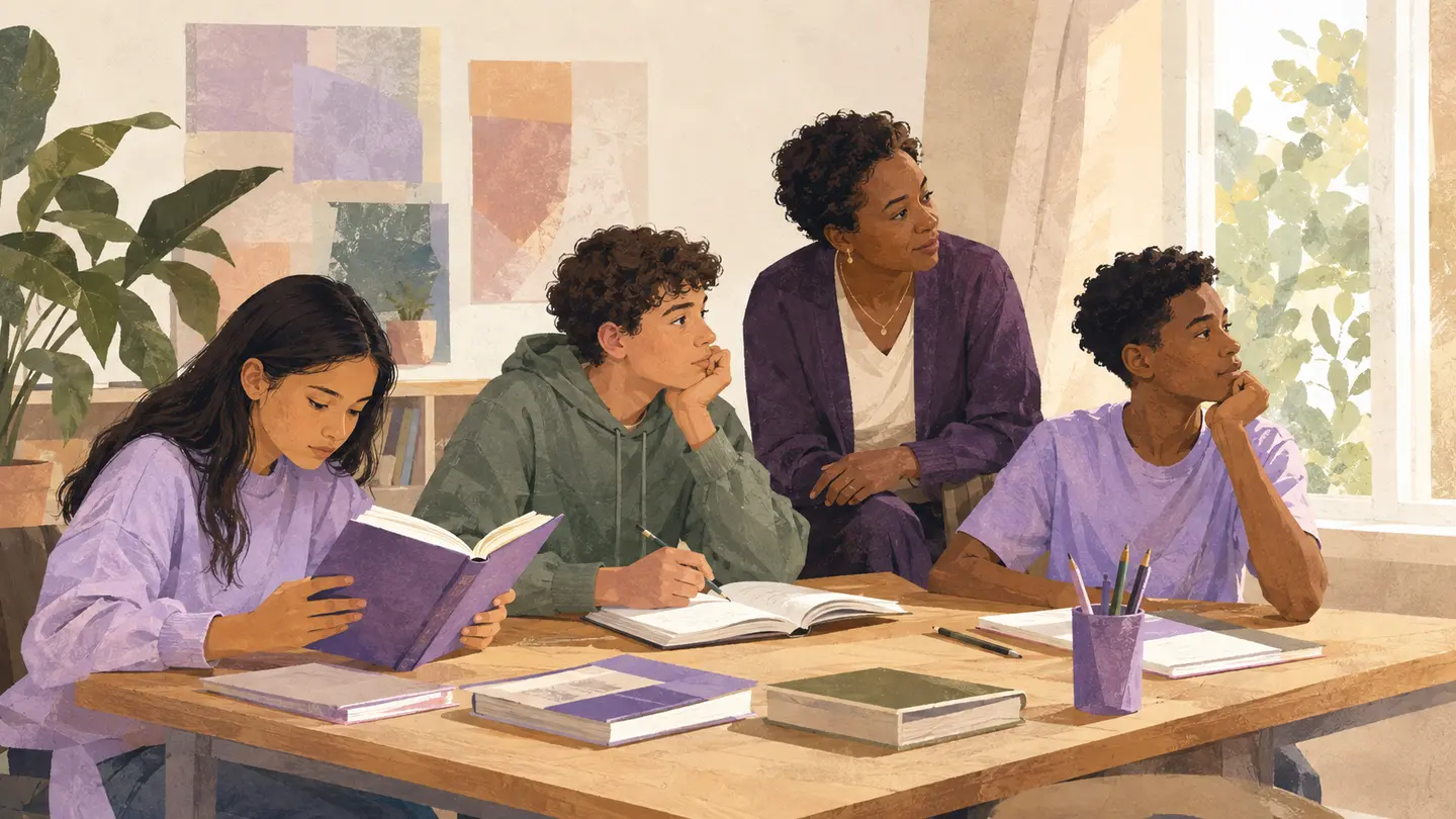 Illustration: Schüler:innen lesen, schreiben und denken gemeinsam mit einer pädagogischen Fachkraft im Klassenraum.