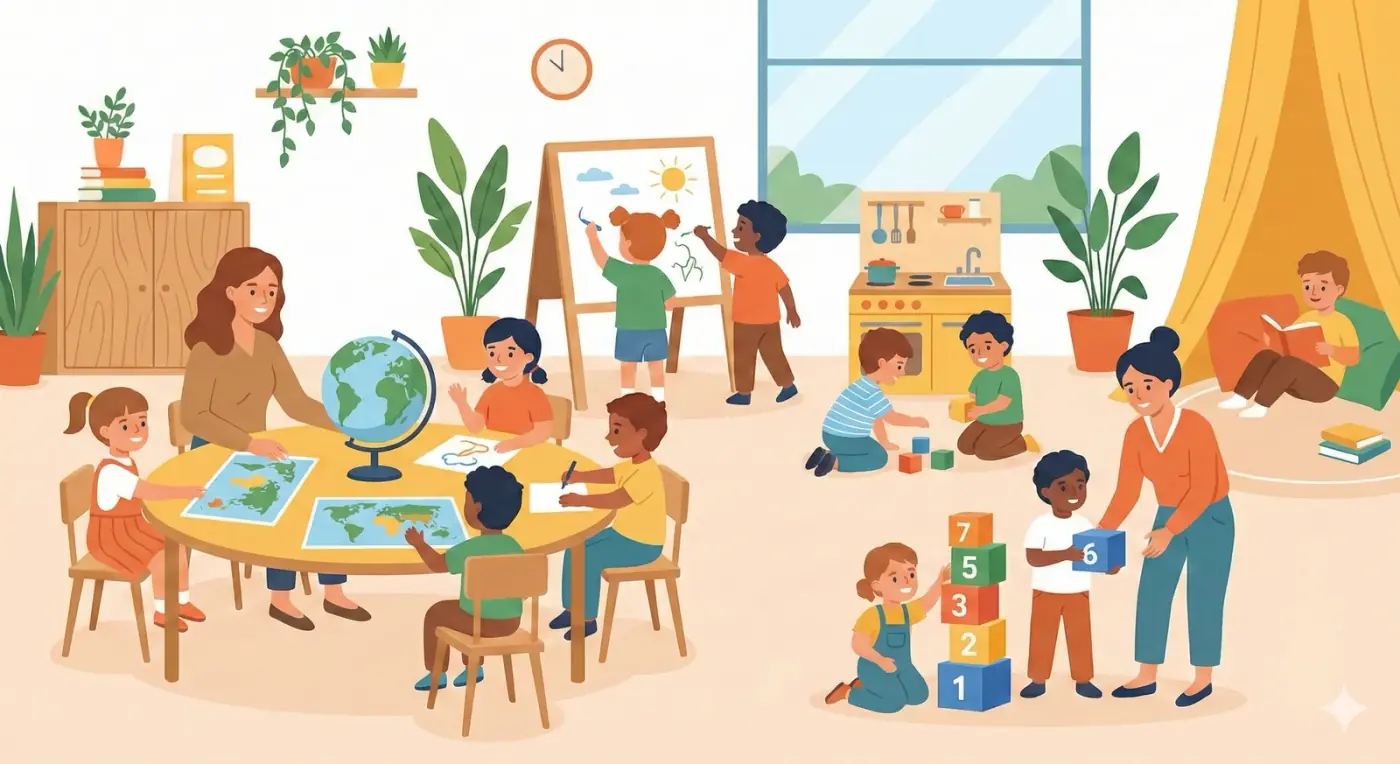 Illustration einer Kita-Szene mit Kindern beim gemeinsamen Lernen und Spielen
