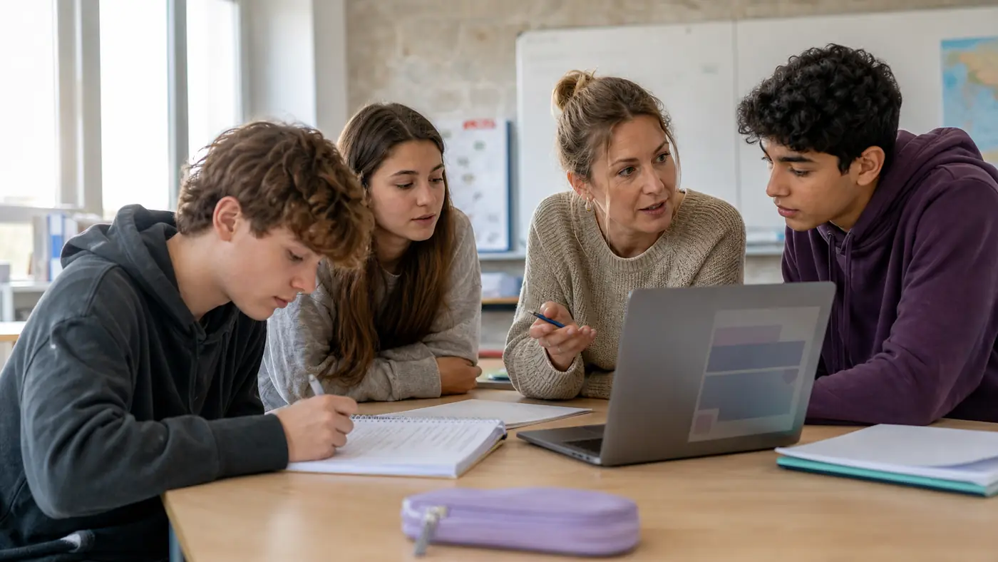 Eine Lehrerin und drei Jugendliche arbeiten gemeinsam mit Laptop und Notizbüchern